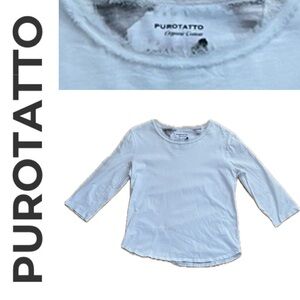 🐇3/4 Sleeve Organic Cotton White Top with Fringe Neckline  by Purotatto—Large